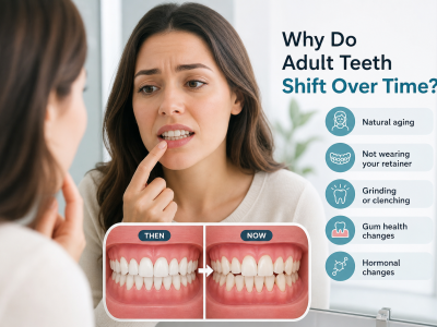 Woman looks anxious while inspecting her teeth in a mirror; infographic on the right explains why adult teeth shift over time, with factors like aging, not wearing a retainer, grinding or clenching, gum health changes, and hormonal changes.
