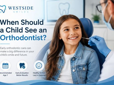 Westside Smiles advertisement showing a smiling girl in a dental chair as a dentist examines her teeth.