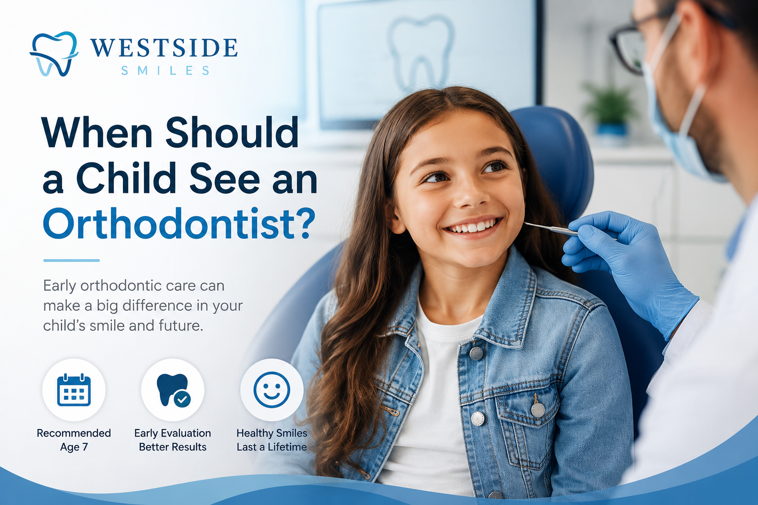 Westside Smiles advertisement showing a smiling girl in a dental chair as a dentist examines her teeth.